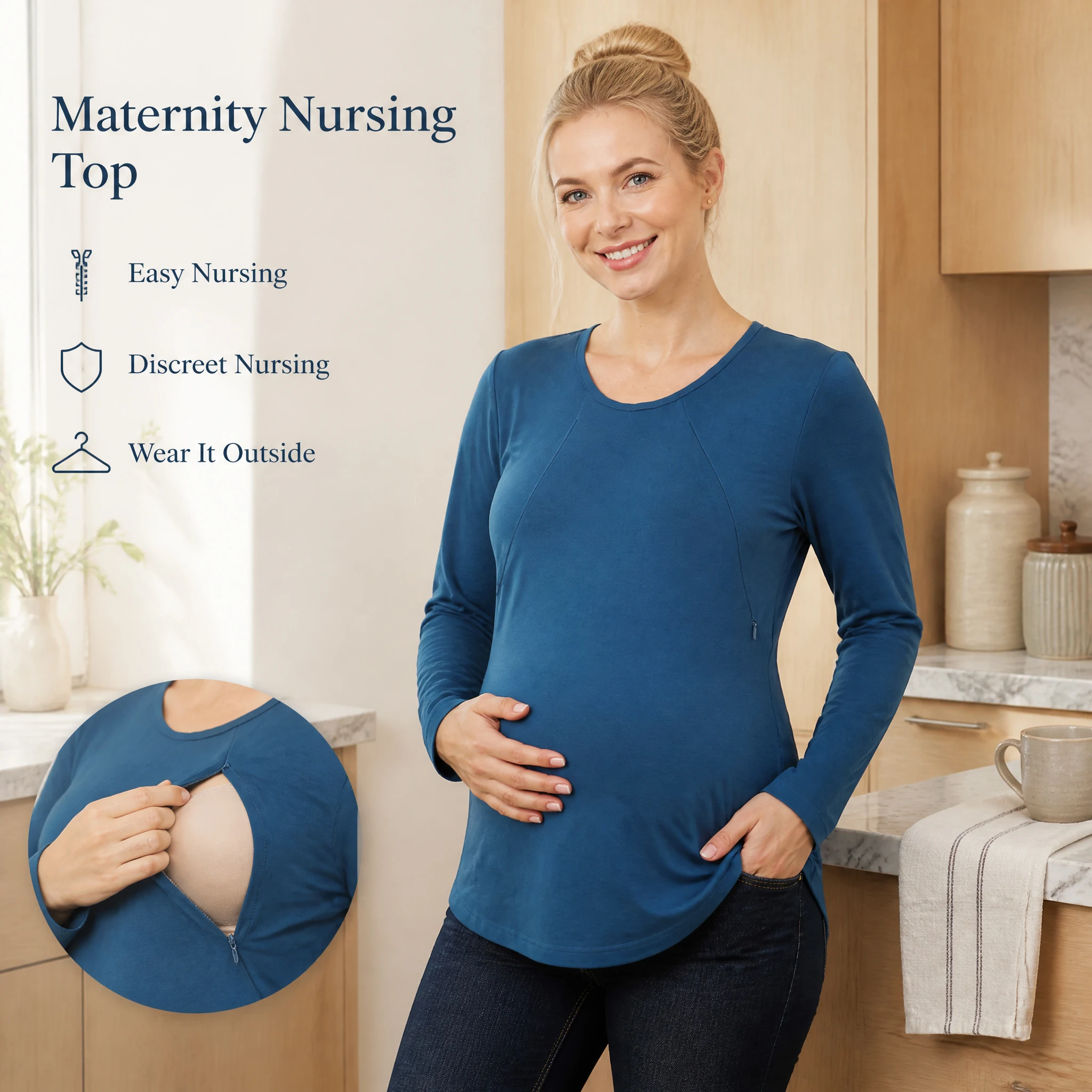 Maternity Nursing T-Shirt O-Neck Long Sleeve Soft Curved Hem Loose Top with Hidden Zipper for Breastfeeding Postpartum Pregnancy