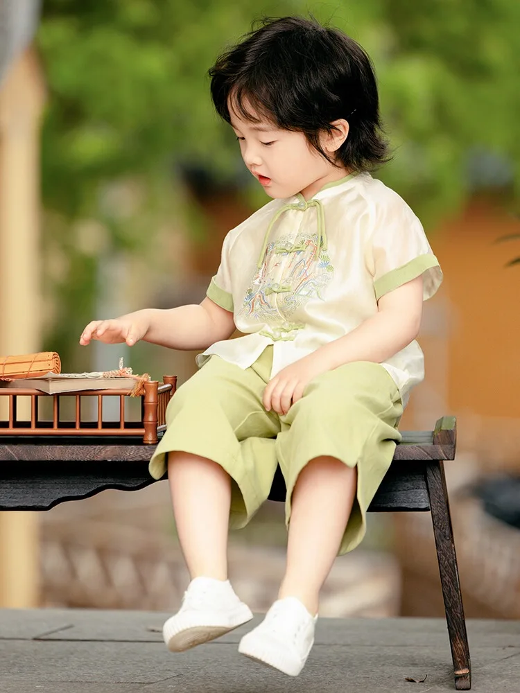 بدلة أطفال بأكمام قصيرة باللون الأزرق والأخضر ، زي تانغ الأصلي ، زي قديم ، صيفي ، جديد ،