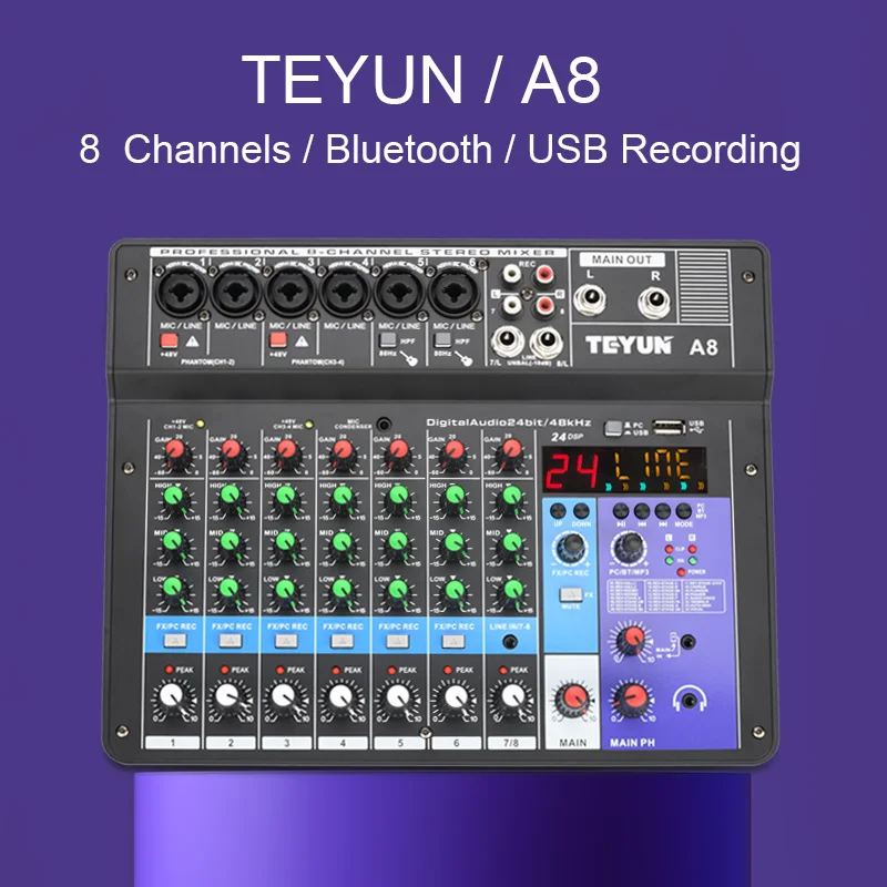 TEYUN 4 6 8 Channels Audio Sound Mixer 24 Effect 48V Bluetooth Mixing Console USB PC Record Play Broadcast Table A4 A6 A8