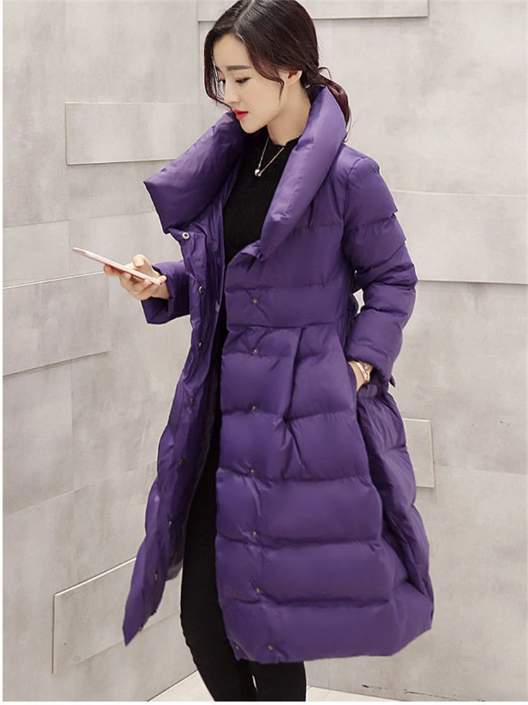 Thicken Winter Cotton Padded Long Parka Warm Elegant Puffy Jackets Women Windproof A-line Overcoat New Designer Belt Jaqueta