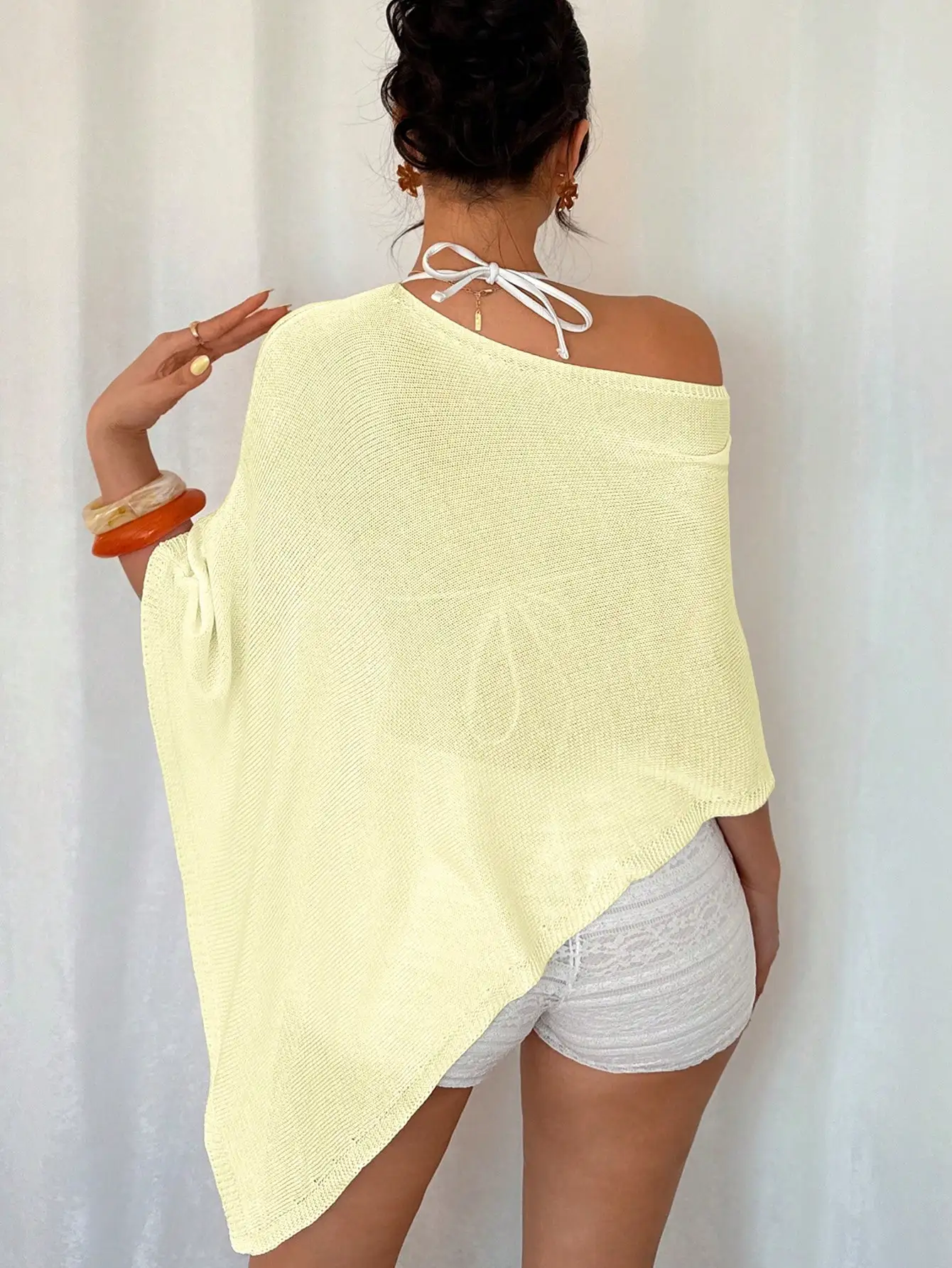 

Женский повседневный однотонный вязаный асимметричный свободный тонкий свитер-топ для весны и лета, желтый, как верхняя одежда