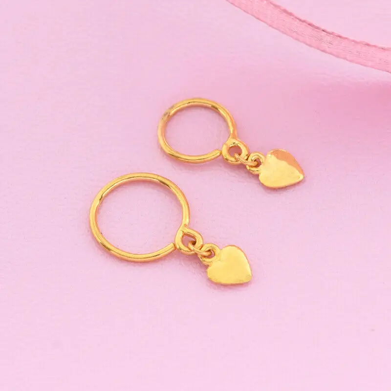 Pure Solid Gold Earrings Hoop For Women Loving Heart Charms Real 24K Yellow Gold Earrings Drop Jewelry