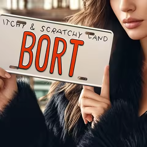 2D Flat Printing Pop Culture "Itchy &amp; Scratchy Land BORT" License Plate Style Aluminum Tin Painting, The Simpsons Fan Themed Met