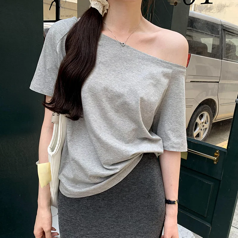 Off Shoulder T-Shirt Lace Top Womens Yellow Bright Simple Solid Color Regular Version Basic Plain Female Tee Pure Fresh Light GF