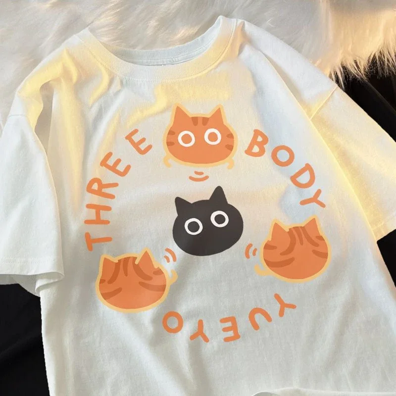 Japanese Cotton Cute Three Body Cat Short Sleeve T-shirt for Men and Women Couples Summer Loose Versatile Half Sleeve Top