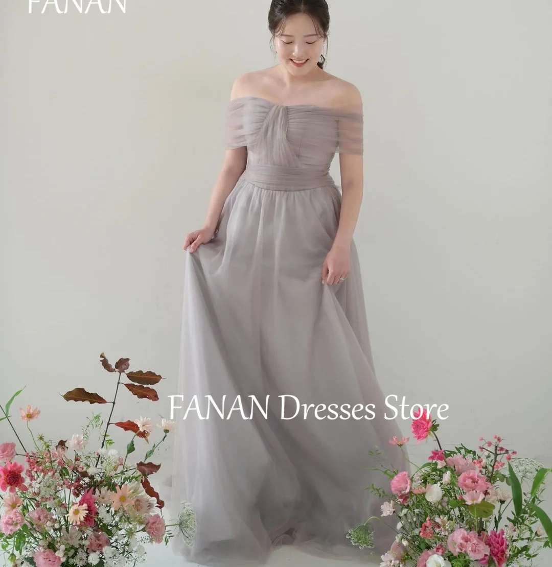 

FANAN Off the Shoulder Evening Party Dresses Korea Gray Short Sleeves Tulle A-Line Wedding Women Formal Gowns Event Prom Gowns