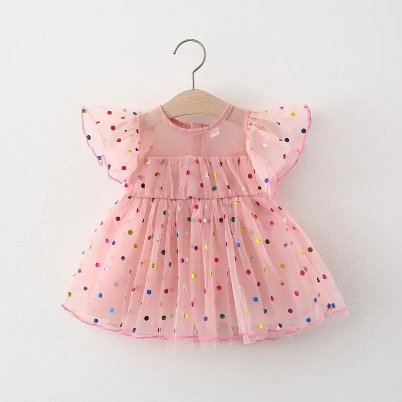 Summer girl dress baby girl three-dimensional flower polka dot lace bubble sleeve back strap princess dress