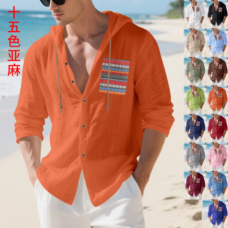 Four Seasons Men's Beach Casual Bohemian Linen Long Sleeve Hooded Shirt