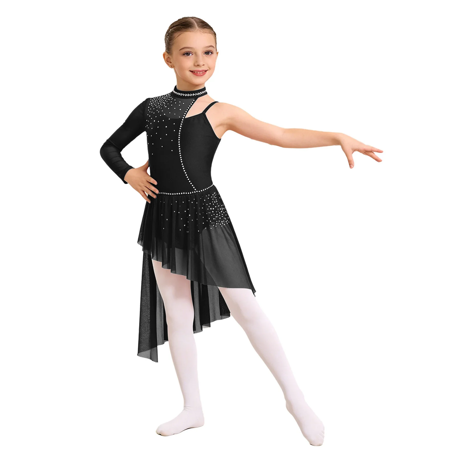 Kids Girls Roller Skating Lyrical Ballet Dance Dress One Shoulder Long Sleeve Mesh Skirt Patchwork Asymmetrical Bodysuit Dress