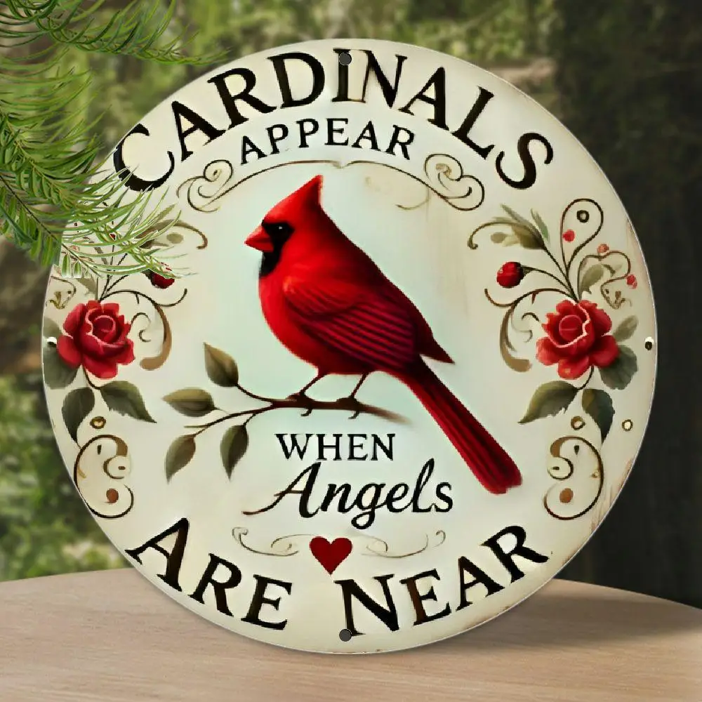 Letrero de metal de aluminio cardinal vintage - Diseño de corona floral y cardinal rojo rústico de 8 "x 8" con mensaje inspirador, colgante duradero