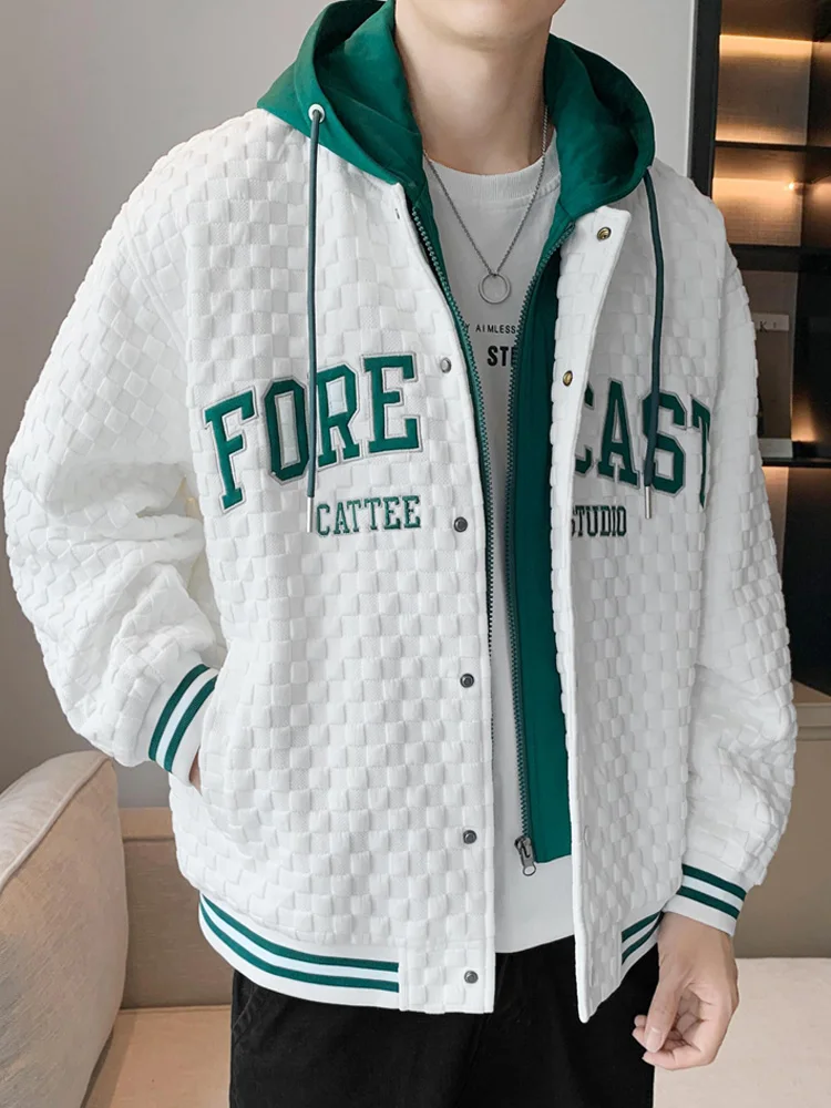 2023 New Spring Men's Hooded Varsity Jacket Streetwear Fashion Fake 2 In 1 Single Breasted Casual Windbreaker Loose Letter Coat