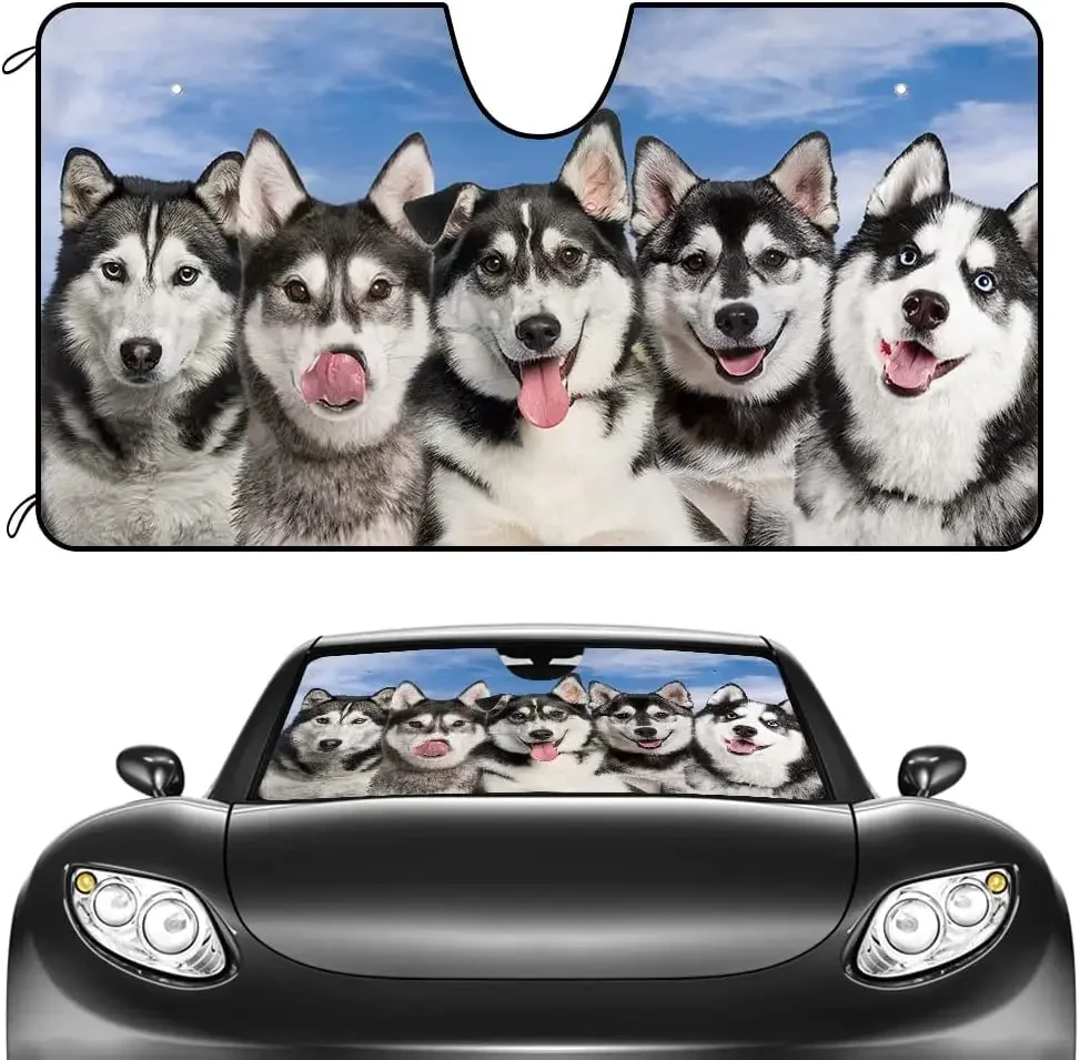 CafeTime Car Front Windshield Sunshade Lovely Siberian Husky Dogs Decor Vehicle Sun Shade Visor UV Ray Reflector Sun Protector,