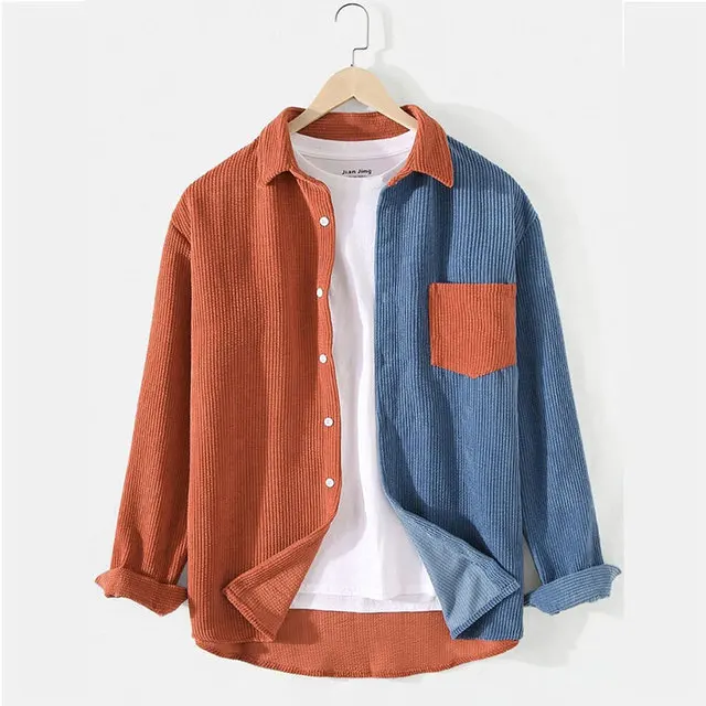 

Men's Long Sleeve Corduroy Patchwork Shirts with Lapel Pocket Standard Fit Youth Trend Water Washed Pure Color Autumn Wear