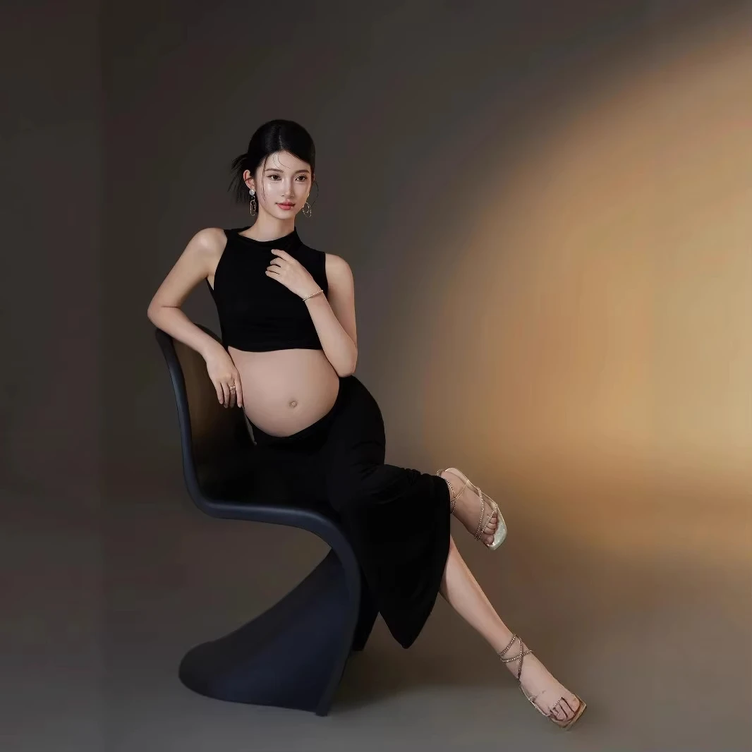 Women Maternity Dresses for Photography Black Brief One-shoulder Top with Skirt 2pcs Set Costume for Pregancy Studio Photoshoot