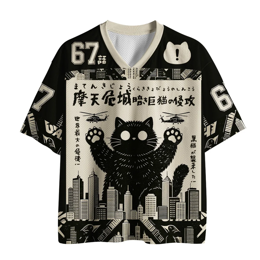 Giant Black Cat Destroy City Jersey T-shirt Japanese Manga Style V Neck Short Sleeve Loose Streetwear Harajuku Casual Tee