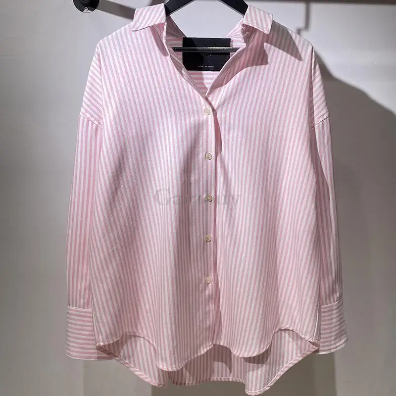 Garaouy 2023 Summer Women Chic Pink Striped V-neck Single Breasted Shirt Basic Casual Versatile Loose Blouse Female Blusas Tops