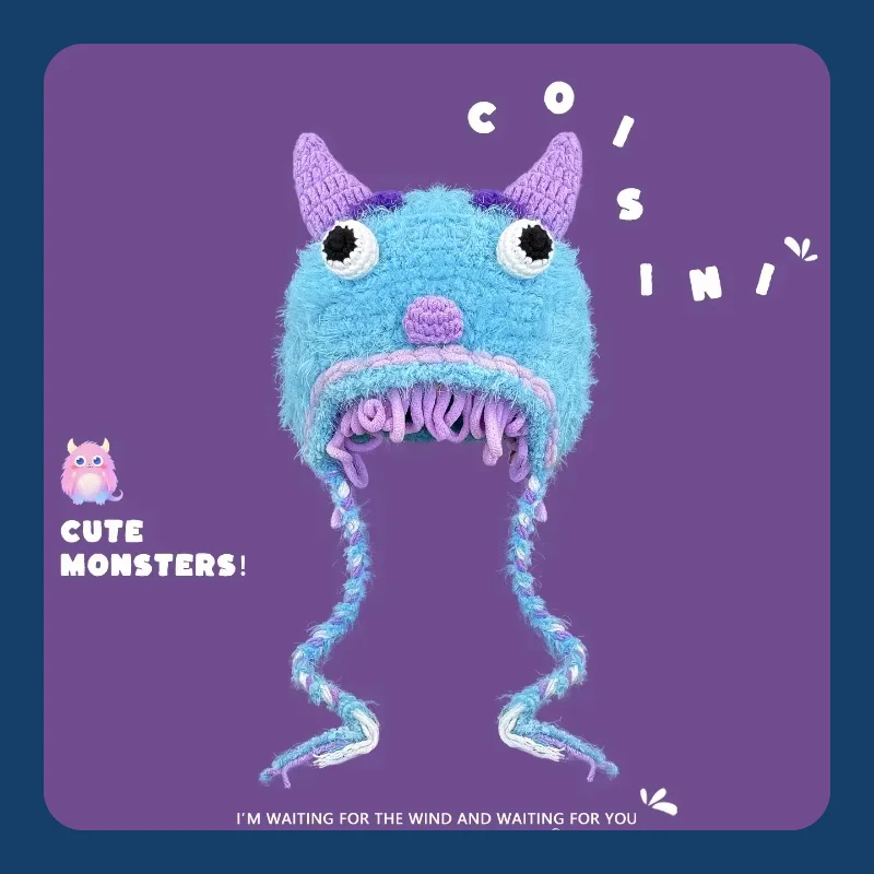 Niche-gorro tejido con pequeño monstruo para mujer, gorros de felpa cálidos con protección para los oídos, gorros de bombardero de tendencia, otoño e invierno