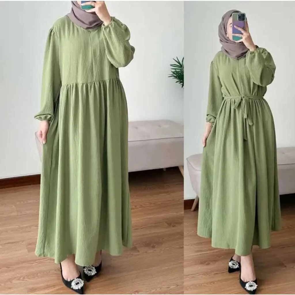 Muslim Robe New Zipper Round Neck Solid Color Bubble Sleeve Loose Dress