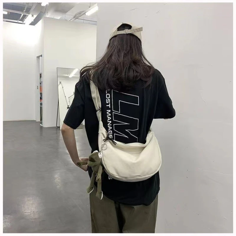 

Canvas Bag, Dumpling Shaped Large Capacity Crossbody Tote Bag, Sporty Student Hip-hop Street Style Mini Ins Unisex Shoulder Bag