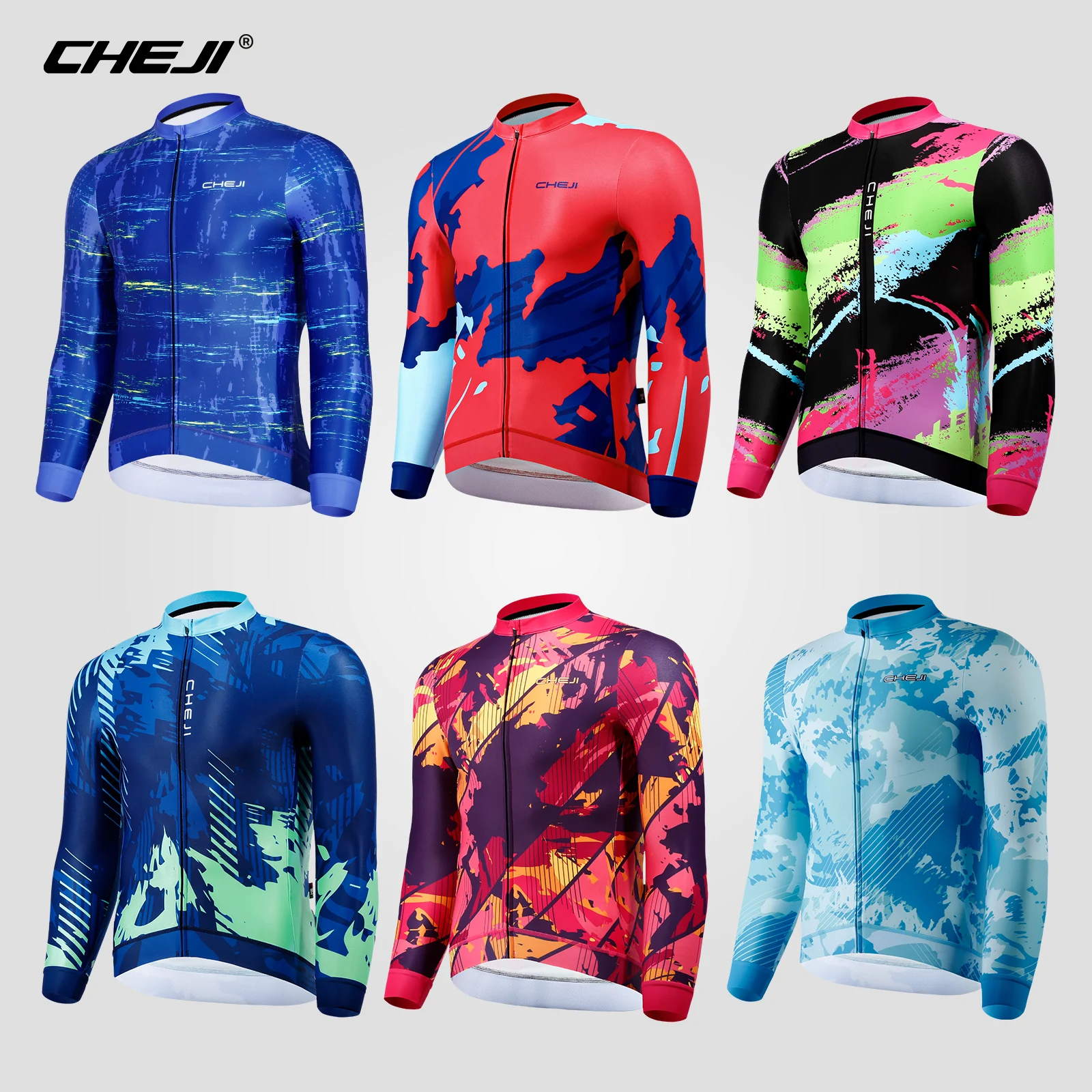 CHEJI Winter Cycling Jerseys Long Sleeves Full-zips Fleece-Lined Clothing Riding Bike Sports for Men Breathable Slim Equipment