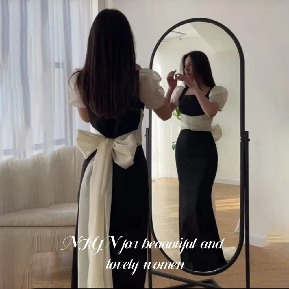 NFYN – robe de bal sirène noire, col carré, plissée, manches régulières, avec nœuds, arête de poisson, personnalisée