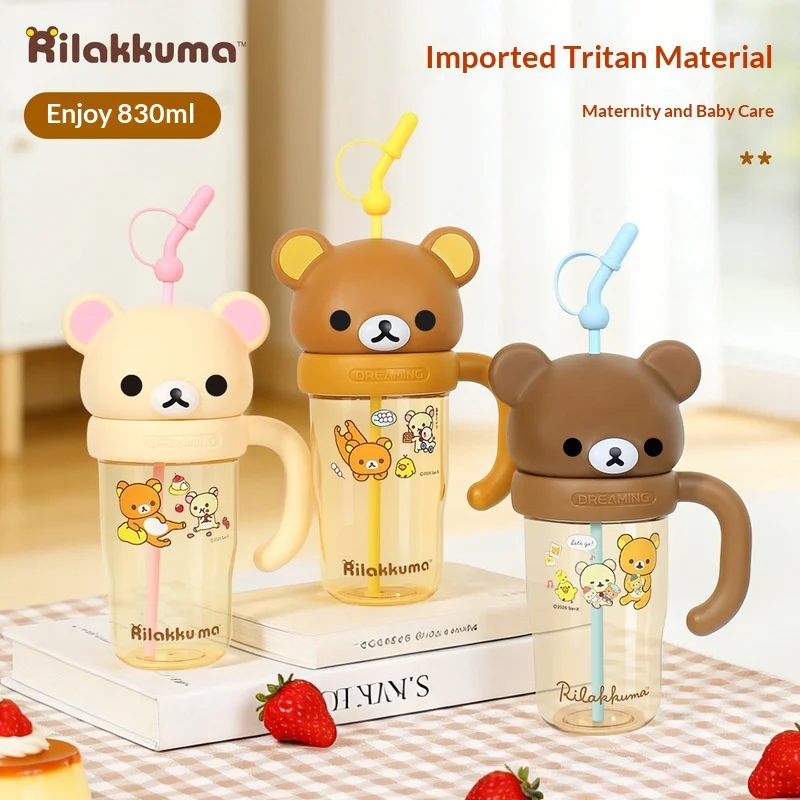 Kawaii 830ml Rilakkuma Ton Ton Cup Super Large Capacity Water Cup Portable Cartoon Bear Drinking Straw Cup Anime Peripheral Gift view 2