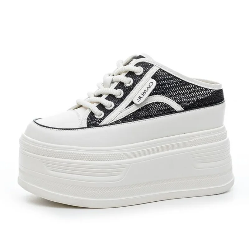 

Женские кроссовки на толстой подошве 12 см, новые летние стильные дышащие тапочки, кожаные спортивные повседневные туфли без шнуровки, удобные универсальные