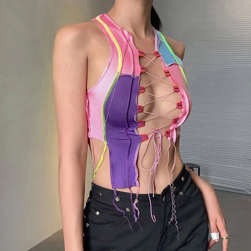 

Summer Fashion Patchwork Bandage Crop Top Sexy Hollow Short Slim Tank Vest Top New Style Y2k Night Club Street Women Clothing