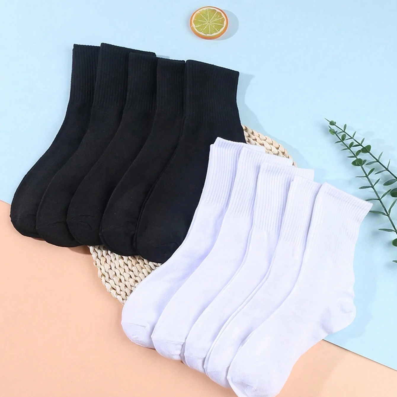 5 Pairs Men's Mid-Calf Socks, White & Black, For Home, Casual And Sports Use, Suitable For Couples