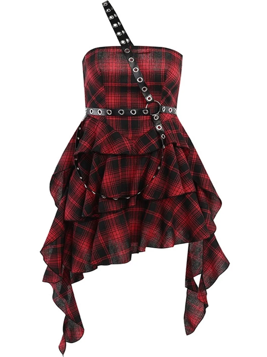 

Dark Gothic Red Plaid Grid Punk Gothic Lolita Cosplay Subcultural Leather Strap Dress Irregular Topless Dress Women