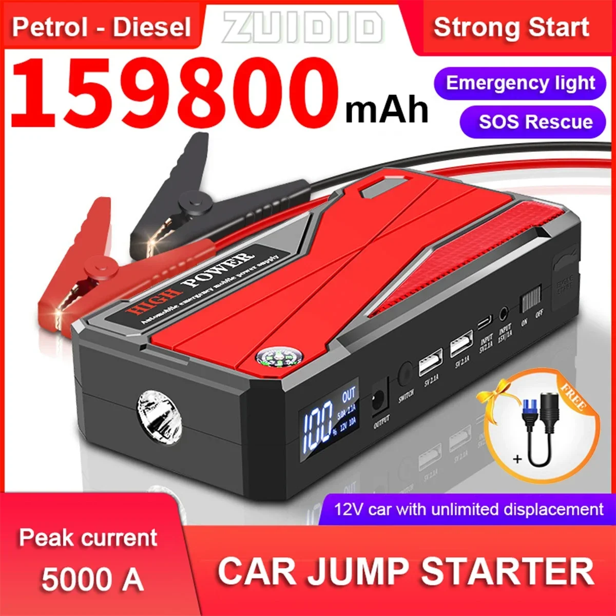 

159800mAh Emergency Portable Car Jump Starter Device Battery Power Bank Battery Booster Strong Starting 12V Articles For Cars