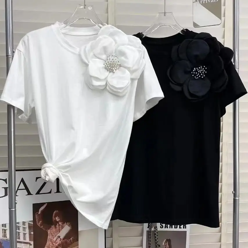 3d frisado flores ponto ort sve camiseta design dimensional senhoras faion ajuste confortável mistura de algodão topo