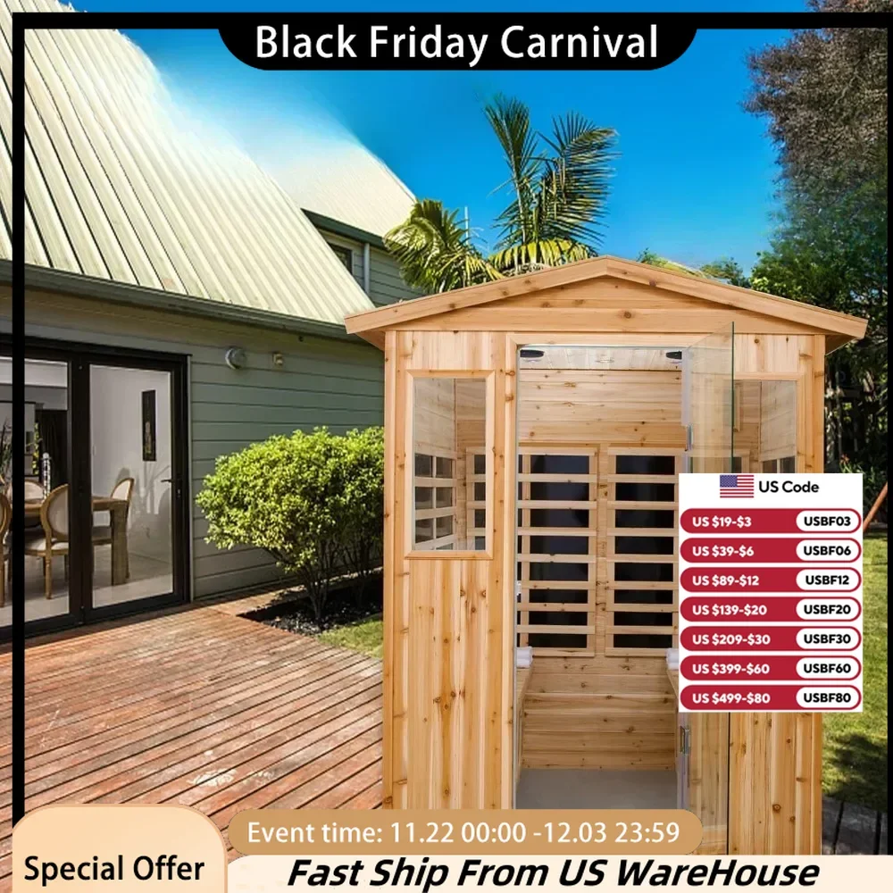 Far Infrared Sauna, Household Low Electromotive Force Wooden Sauna Room, Outdoor Sauna Room, 2050 Watts, Canadian Hemlock