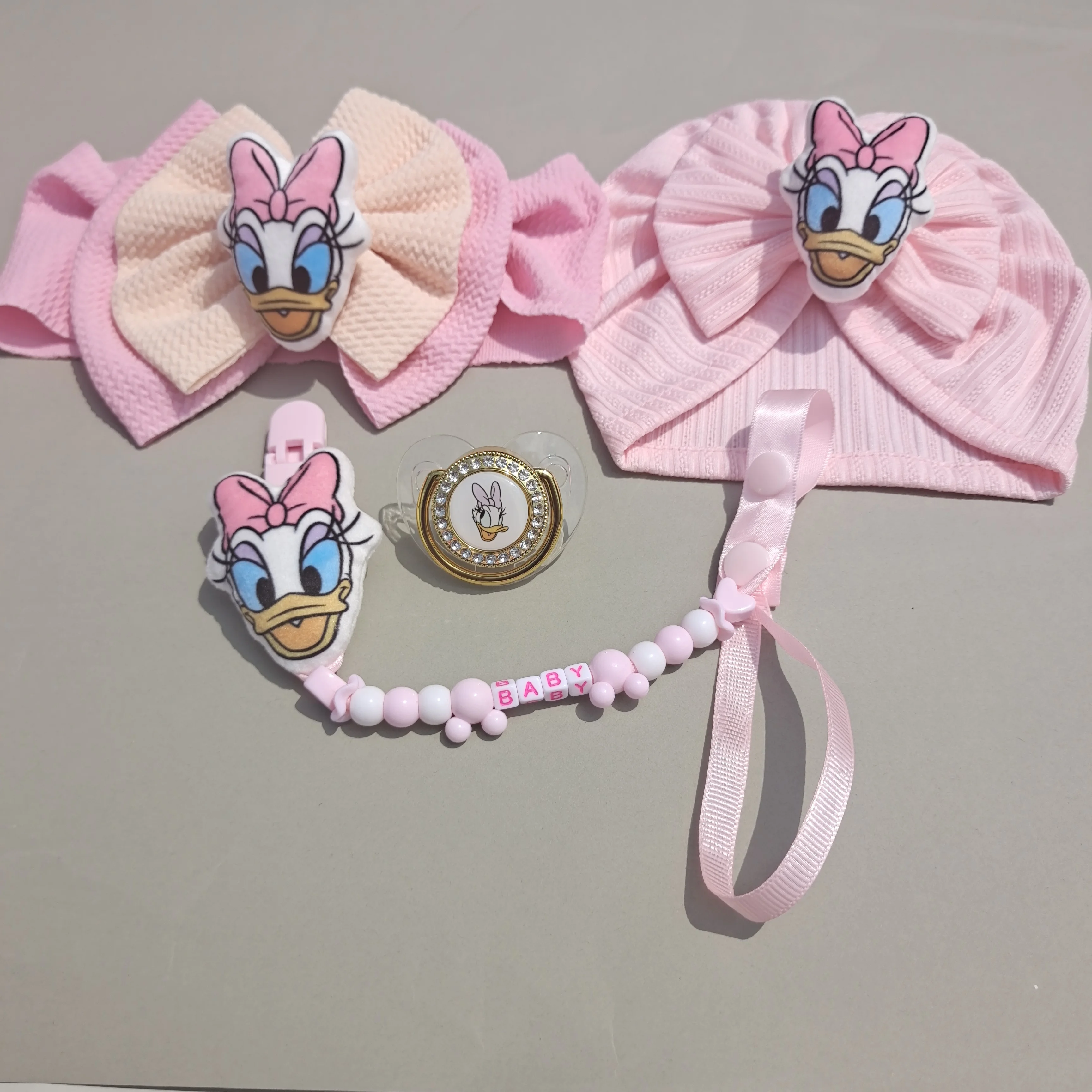 Disney Cartoon Solid Bow Cotton Newborn Caps for Kids Toddler Infant Hair Accessories Newborn Photography Customized Dummy Clip