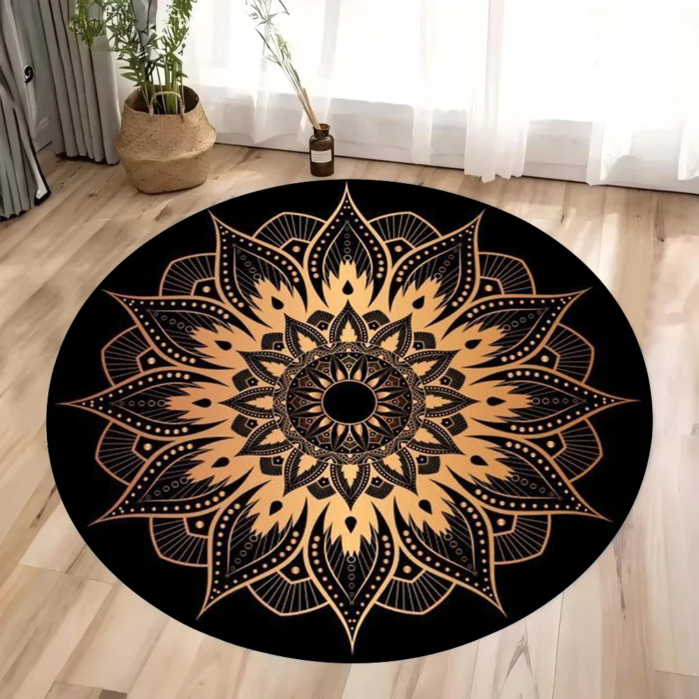 Runder Mandala-Teppich, geometrischer Bodenteppich, Art-Deco-Kreismatte, traditionelle Anti-Rutsch-Matte, schwarze Teppiche für das Wohnzimmer