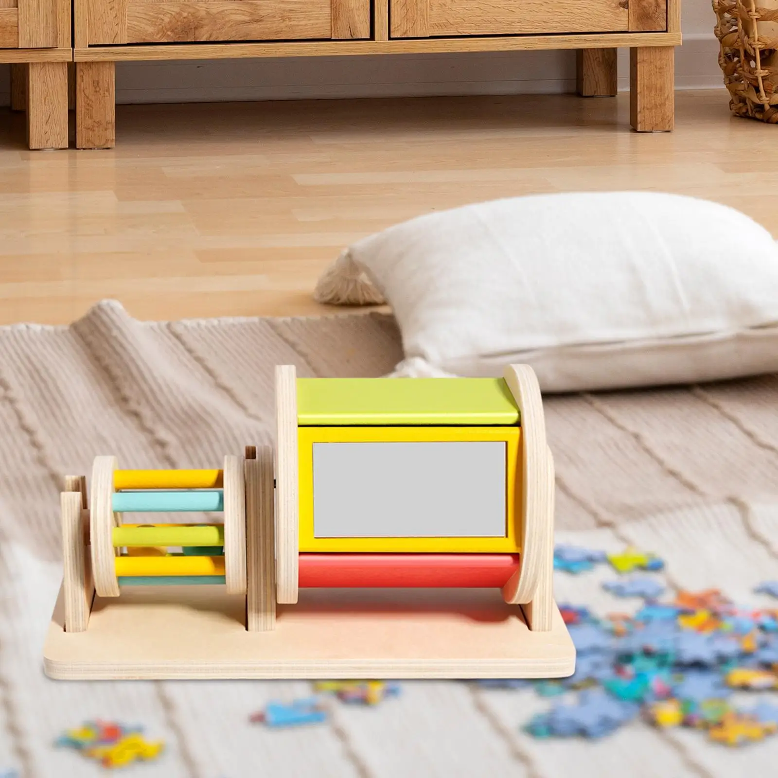 Rotating Drum Toy Early Educational Toy Sounds Drum Color Cognition Wooden Rolling Textile Drum for Baby 6-12 Month Children