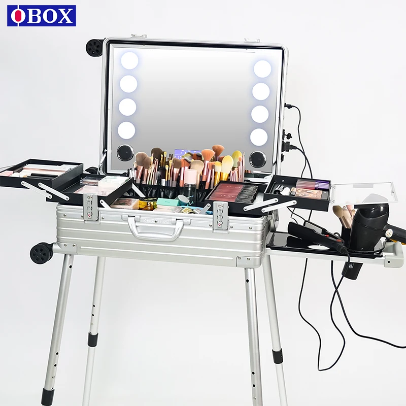 OBOX Multifunctional High-Capacity Aluminum Cosmetic Case With Zipper Closure Featuring Lamp And Rod Stent For Makeup Artists