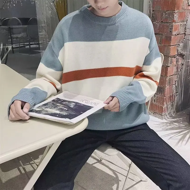 

Осень-зима, мужской свободный вязаный свитер, полосатый цвет, Blo Sle, студенческий топ, пальто из пряжи, молодежное круглое пальто Vitali Ne...