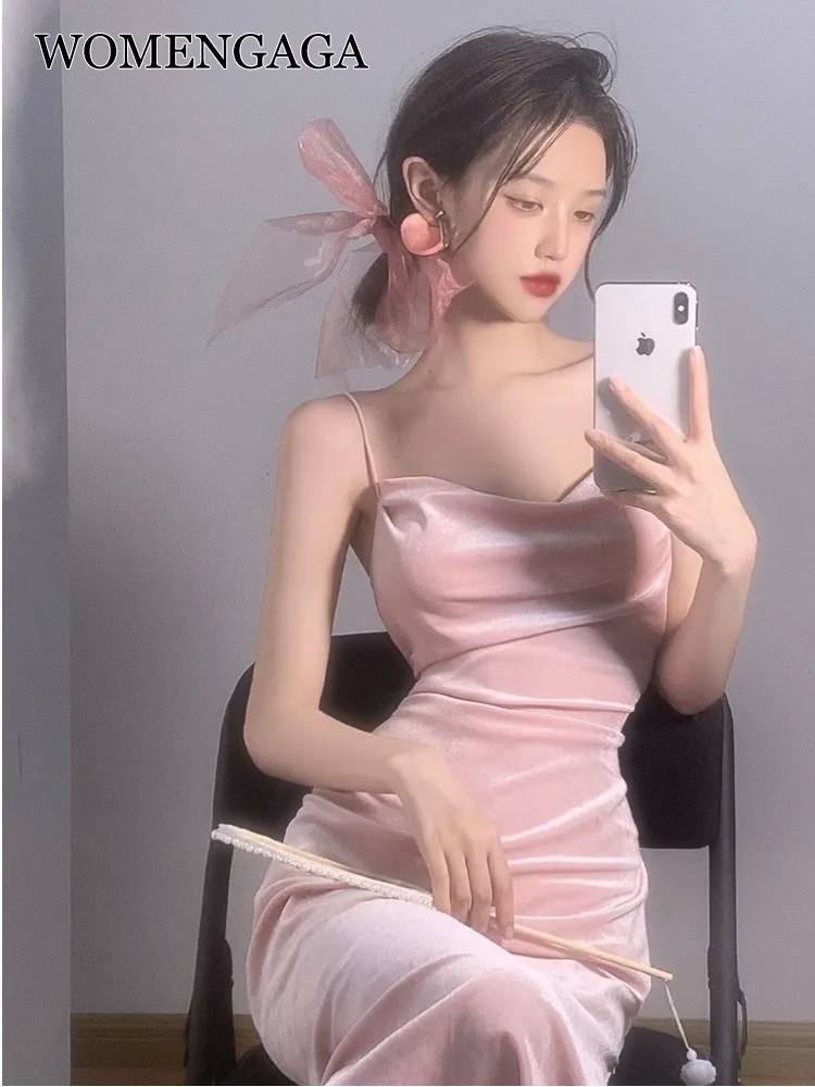 WOMENGAGA 2022 Sommer Hot Sexy Helle Rosa Maxi Kleid Lange Tank Leibchen Robe Low Cut Hot Sexy Koreanische Frauen Robe Süße O8EY