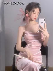 WOMENGAGA 2022 Summer Hot Sexy Bright Pink Maxi Dress Long Tank Camisole Robe Low Cut Hot Sexy Korean Women Robe Sweet O8EY