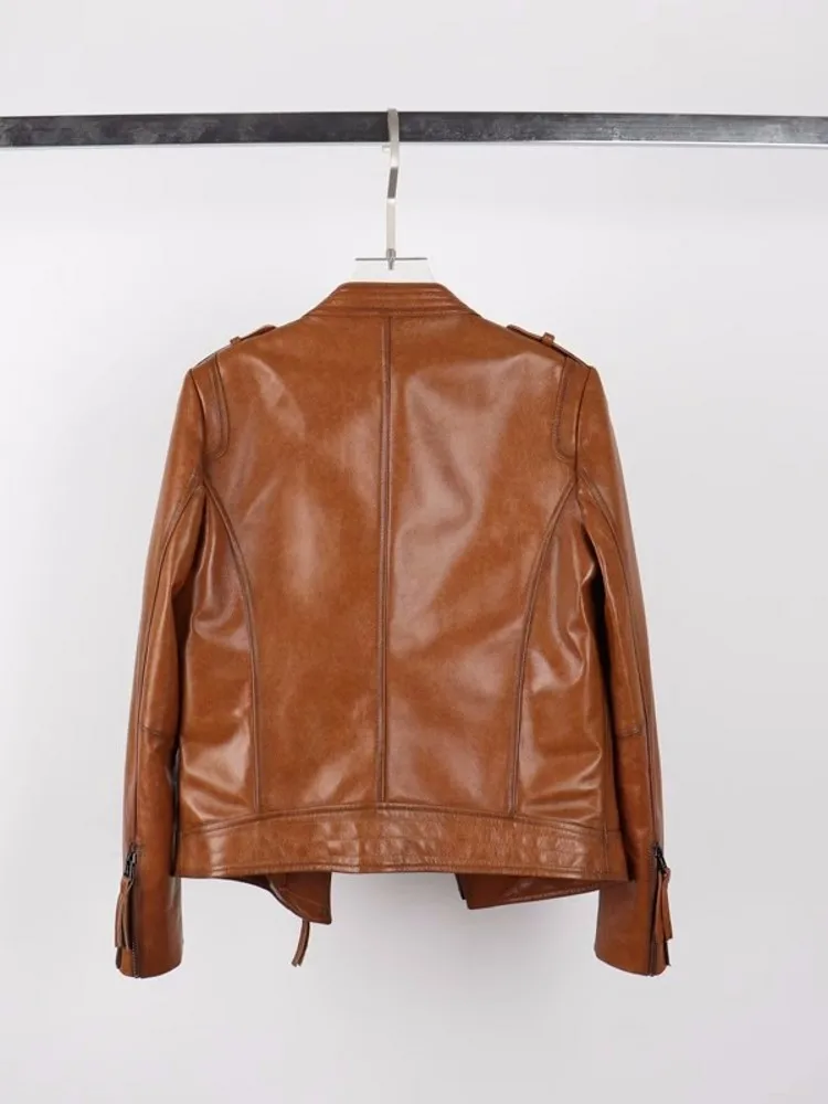 Veste de motard en cuir véritable pour femme, coupe couvertes, col montant, manteau à fermeture éclair, coupe-vent femme, 100% peau de mouton véritable, automne