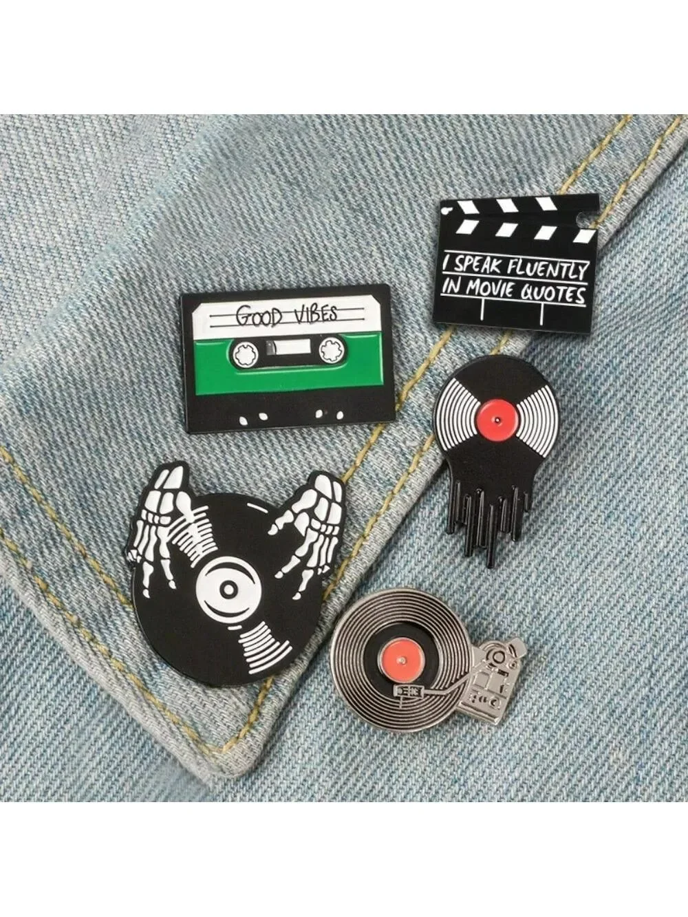 5PCS Punk Style Tape Shape Enamel Brooch Skeleton Lapel Pins Clothing Accessories