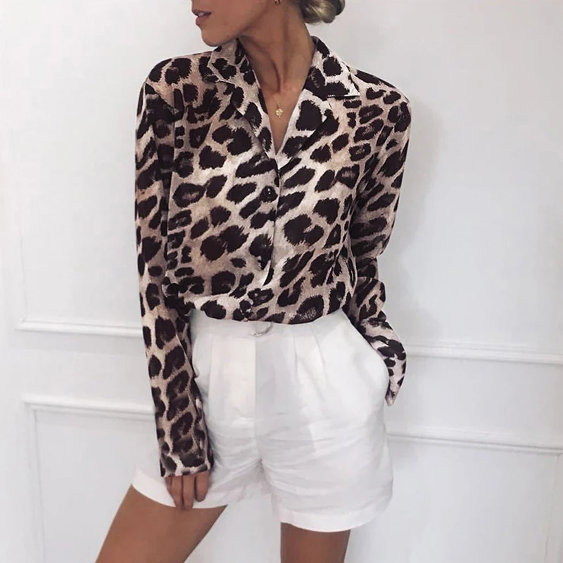 

Spring Autumn Chiffon Blouse Commuter Button V-neck Casual Fashion Womens Long-sleeve Leopard Print Tops Blusas Mujer De Moda