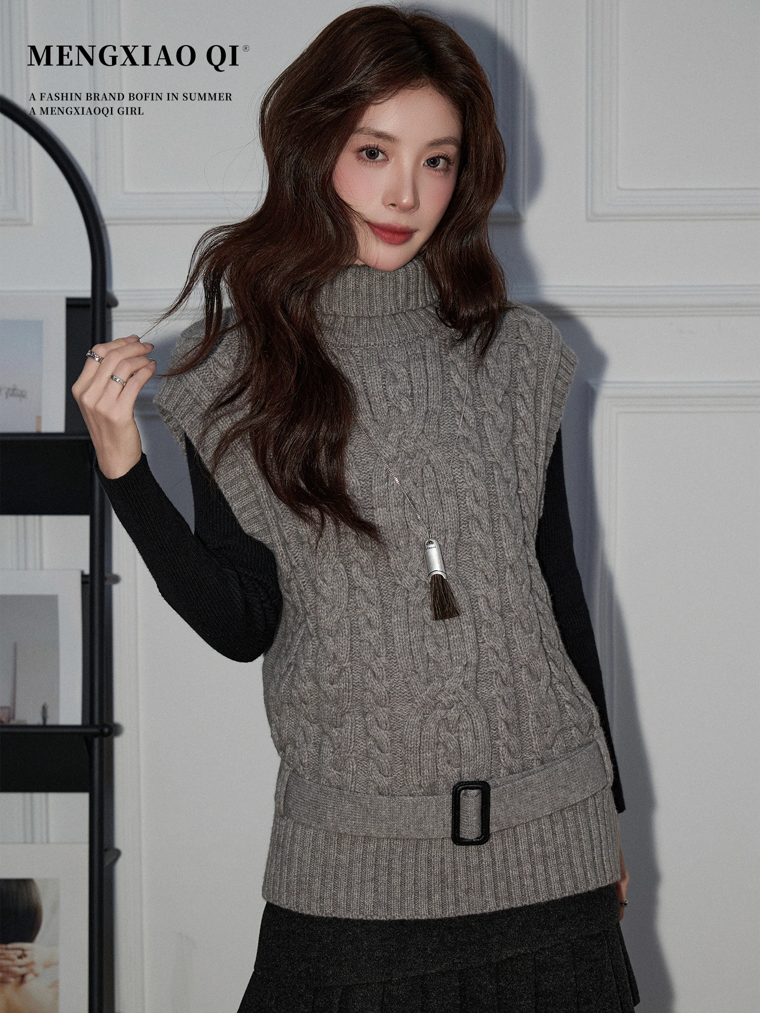 

Женский вязаный жилет Meng Xiaoqi с высоким воротником в корейском стиле, осенне-зимний, дизайнерский, с узором «свитл твист»