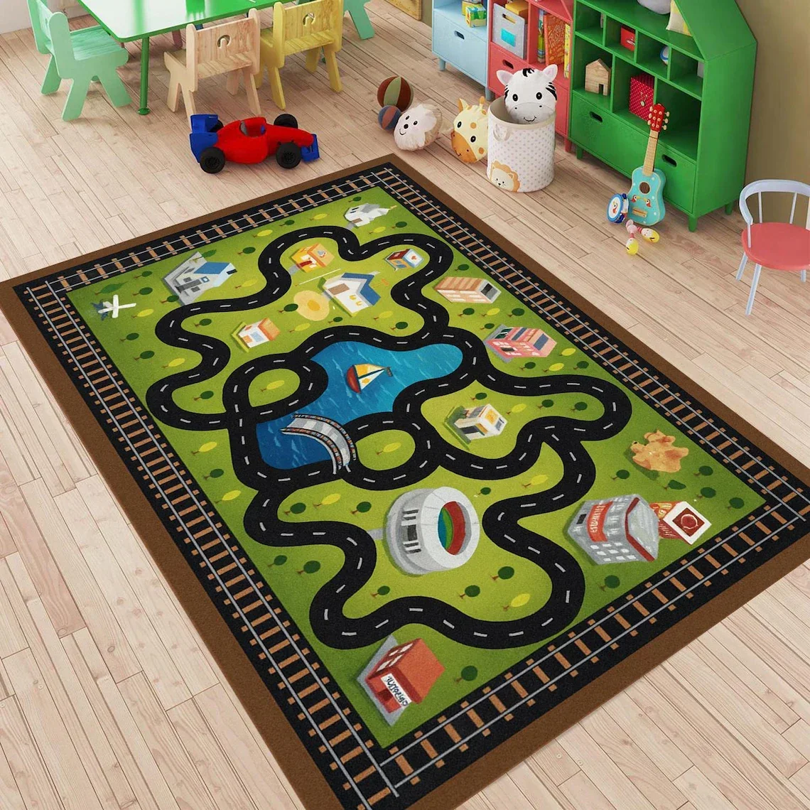 Race Track Rug Kids Playroom Carpet Car Track Area Rug, Digital Print Mat, Boys Room Decor, Toy Car Rug, Fun Activity Floor Mat
