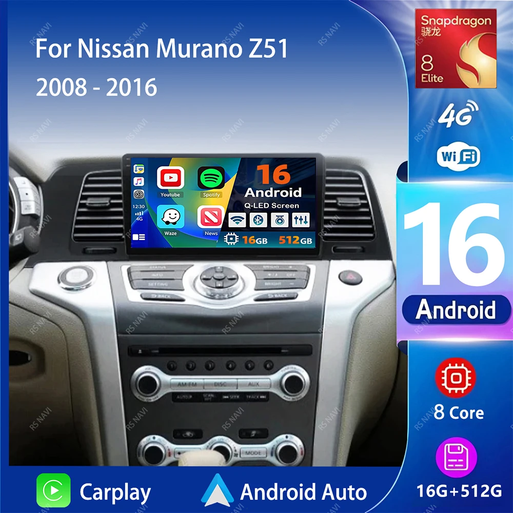 Radio Multimedia para Auto con Pantalla 2K y Android 16 Carplay para Nissan Murano Z51 2008-2016, Autoradio Estéreo 2DIN