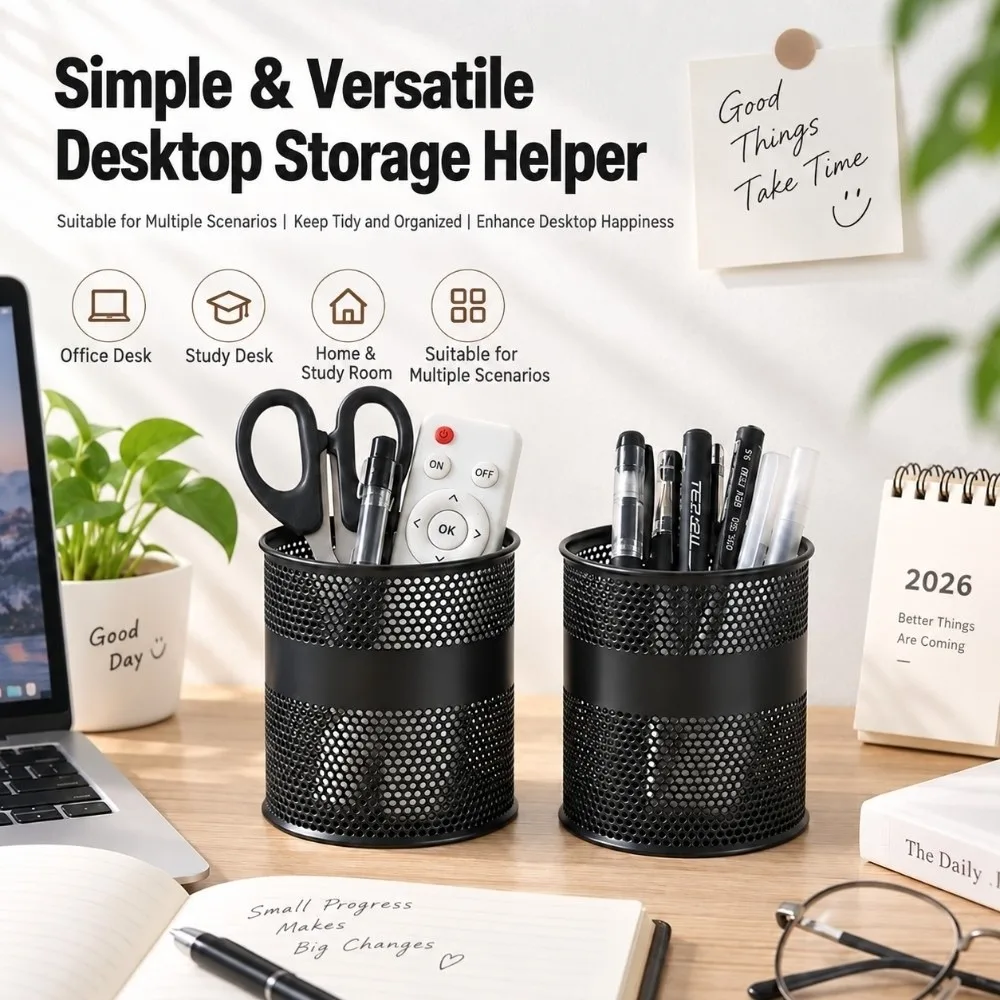 Practical Round Shape Pen Holder Metal Mesh Hollow Design Pencil Holder Iron Material Desk Organizer Office Use