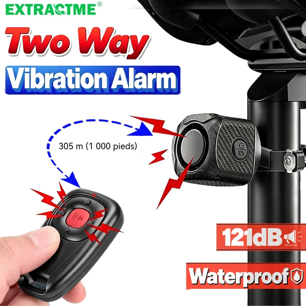 Extractme Alarme bidirectionnelle pour moto et vélo, système de sécurité par vibration, 121 dB, télécommande sans fil, 305 mètres, étanche