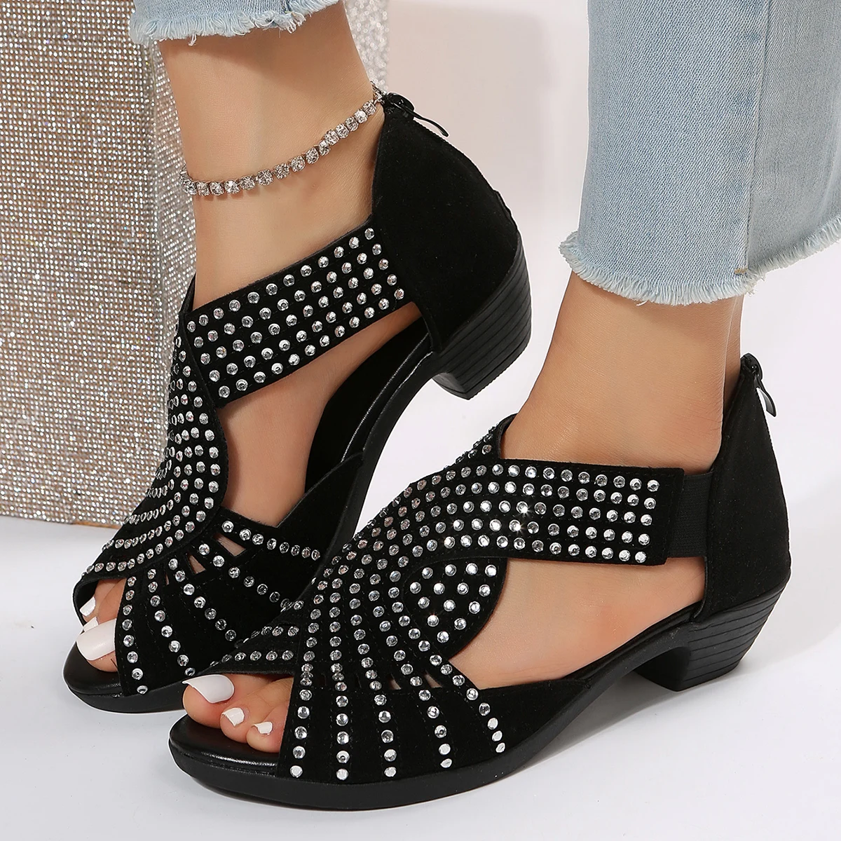 2022 new fashion comfortable dance sandals women\'s rhinestone zipper crystal indoor shoes women\'s open-toe shoes