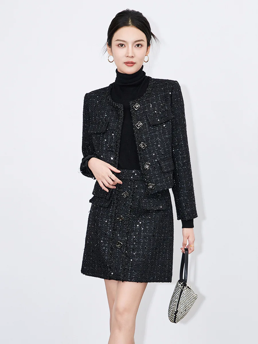 ZJYT Autumn Winter Sequined Tweed Jacket and Skirt 2 Piece Clothing Sets Elegant Office Lady Party Outfit Fashion Suits Black